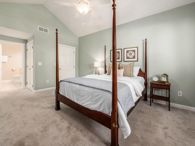 38 Ironclad Dr, Columbus, OH 43213 - bedroom featuring light colored carpet, vaulted ceiling, baseboards, connected bathroom, and a ceiling fan
