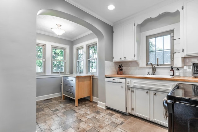 750 E Allen St, Lancaster, OH 43130 - kitchen featuring dishwasher, black electric range oven, decorative backsplash, arched walkways, and crown molding