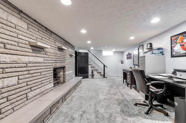 750 E Allen St, Lancaster, OH 43130 - office area with recessed lighting, a textured ceiling, carpet flooring, and a fireplace