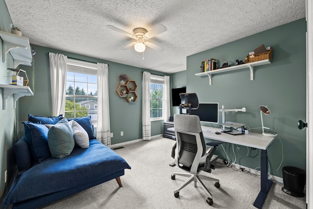 1997 Sutter Pkwy, Dublin, OH 43016 - home office featuring baseboards, light colored carpet, ceiling fan, and a textured ceiling