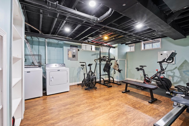 1997 Sutter Pkwy, Dublin, OH 43016 - exercise area with washer and clothes dryer, wood finished floors, and electric panel