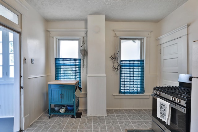2045 N 4th St, Columbus, OH 43201 - kitchen with gas range, blue cabinets, a wainscoted wall, a textured ceiling, and plenty of natural light