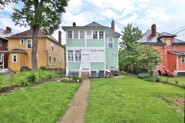 2045 N 4th St, Columbus, OH 43201 - back of property featuring entry steps, central air condition unit, and a chimney