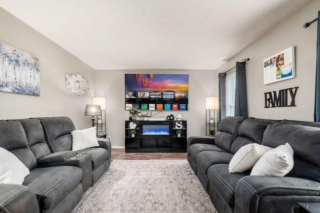 4419 Trindel Way, Columbus, OH 43231 - living room with wood finished floors, a textured ceiling, a glass covered fireplace, and baseboards