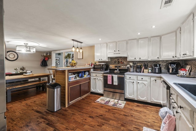 21171 River Rd, Circleville, OH 43113 - kitchen with appliances with stainless steel finishes, under cabinet range hood, white cabinetry, light countertops, and tasteful backsplash