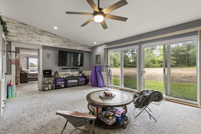 21171 River Rd, Circleville, OH 43113 - living room featuring vaulted ceiling, a ceiling fan, recessed lighting, and carpet
