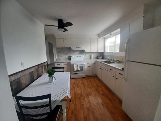 4891 Marion Mount Gilead Rd, Caledonia, OH 43314 - kitchen with white appliances, under cabinet range hood, ceiling fan, light countertops, and wood finished floors