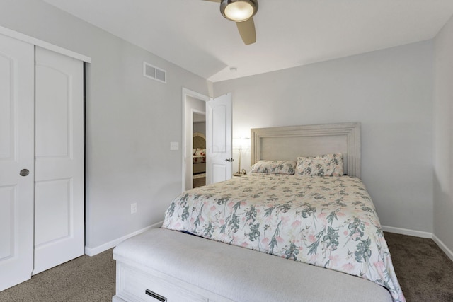 7142 Duke Dr, Canal Winchester, OH 43110 - bedroom featuring dark colored carpet, baseboards, a closet, and ceiling fan