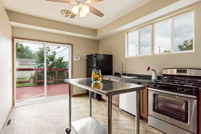 471 Southwood Ave, Columbus, OH 43207 - kitchen with appliances with stainless steel finishes, ceiling fan, dark countertops, and a sink