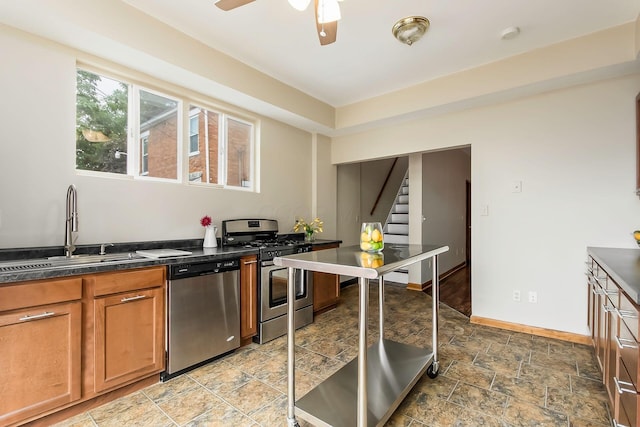 471 Southwood Ave, Columbus, OH 43207 - kitchen featuring appliances with stainless steel finishes, a sink, brown cabinetry, baseboards, and a ceiling fan
