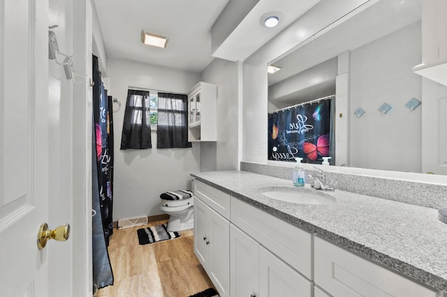 3191 S Stephen Dr, Columbus, OH 43204 - bathroom featuring vanity, wood finished floors, toilet, baseboards, and a shower with curtain