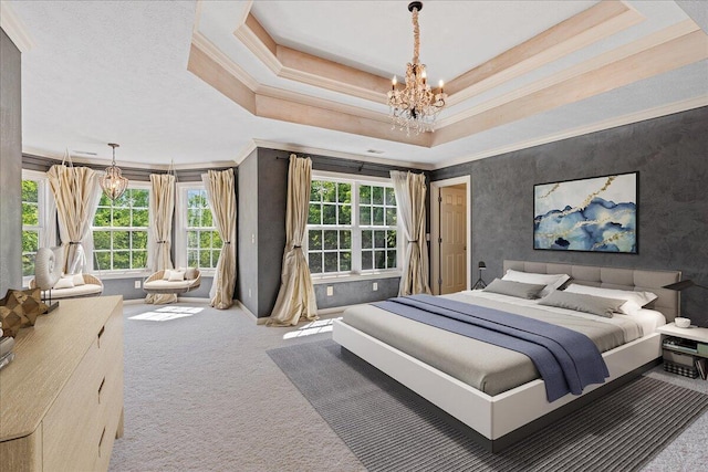 3144 Abbey Knoll Dr, Lewis Center, OH 43035 - carpeted bedroom featuring a chandelier, ornamental molding, a tray ceiling, and baseboards