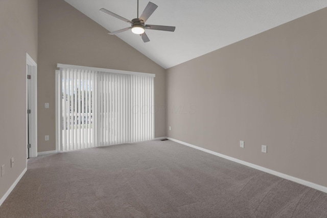1722 Rock Creek Dr, Grove City, OH 43123 - empty room with a ceiling fan, high vaulted ceiling, baseboards, and carpet floors