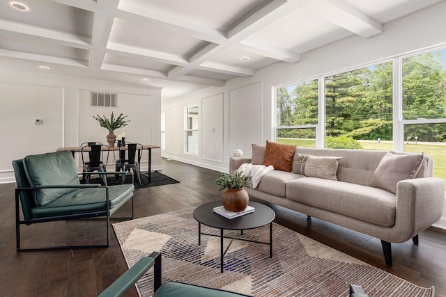 1071 US-42, London, OH 43140 - living room featuring a decorative wall, beamed ceiling, coffered ceiling, and dark wood-type flooring