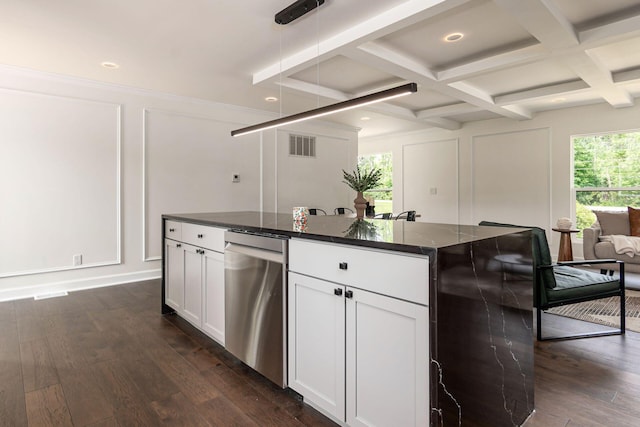 1071 US-42, London, OH 43140 - kitchen featuring a decorative wall, dishwasher, beam ceiling, dark wood-style flooring, and coffered ceiling