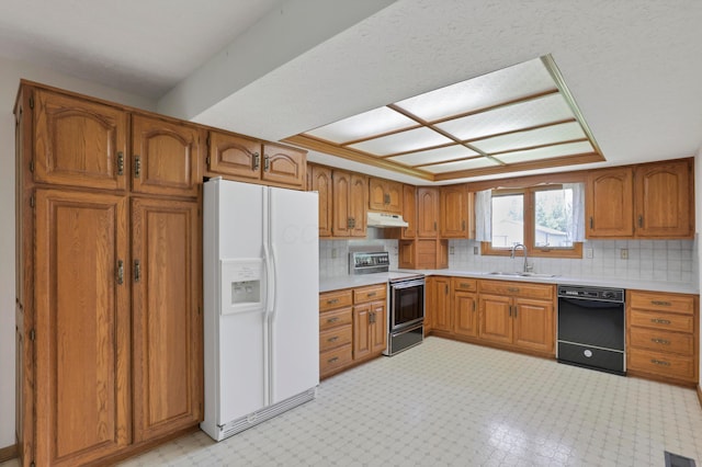 3171 Orders Rd, Grove City, OH 43123 - kitchen featuring electric range, white fridge with ice dispenser, dishwasher, a sink, and brown cabinets