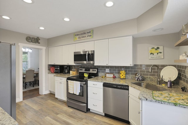 402 W St, Groveport, OH 43125 - kitchen with stainless steel appliances, a sink, white cabinets, decorative backsplash, and recessed lighting