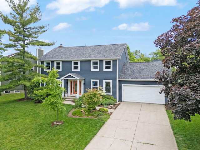 1055 Arcaro Dr, Columbus, OH 43230 - colonial inspired home with an attached garage, driveway, a front lawn, a chimney, and a shingled roof