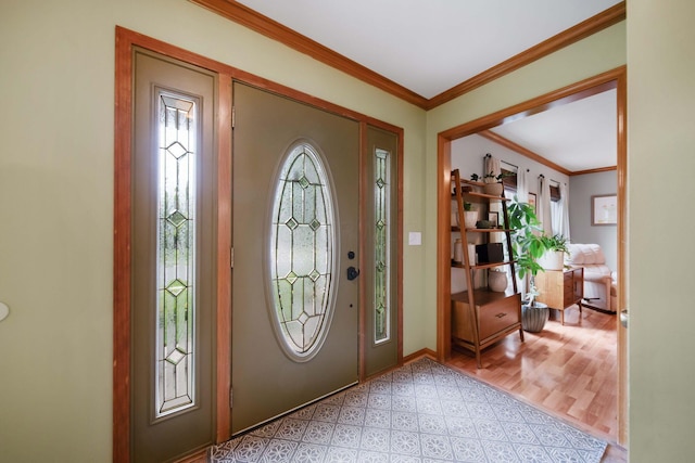 1055 Arcaro Dr, Columbus, OH 43230 - foyer featuring healthy amount of natural light, crown molding, light wood-type flooring, and baseboards