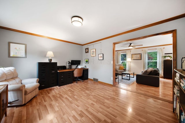 1055 Arcaro Dr, Columbus, OH 43230 - office area featuring crown molding, light wood-style floors, and ceiling fan