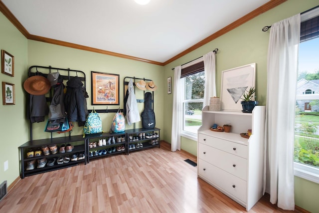 1055 Arcaro Dr, Columbus, OH 43230 - sitting room featuring light wood-style flooring, crown molding, and plenty of natural light