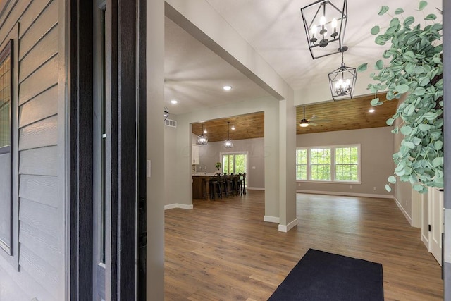 21650 Lake Rd, Glouster, OH 45732 - entrance foyer with a chandelier, wood finished floors, ceiling fan, baseboards, and recessed lighting