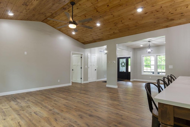 21650 Lake Rd, Glouster, OH 45732 - living area featuring a ceiling fan, wooden ceiling, wood finished floors, baseboards, and recessed lighting