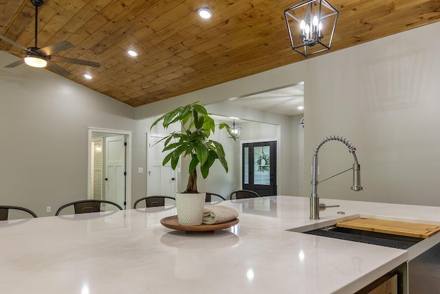 21650 Lake Rd, Glouster, OH 45732 - dining room featuring wood ceiling, lofted ceiling, a chandelier, recessed lighting, and ceiling fan