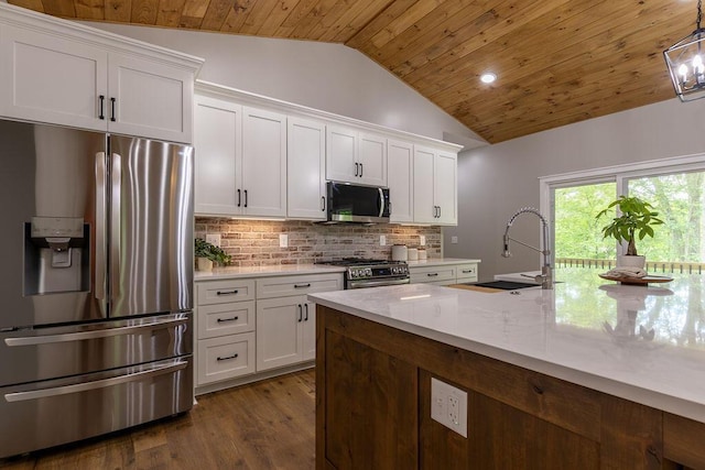 21650 Lake Rd, Glouster, OH 45732 - kitchen featuring stainless steel appliances, a sink, wood ceiling, white cabinets, and tasteful backsplash
