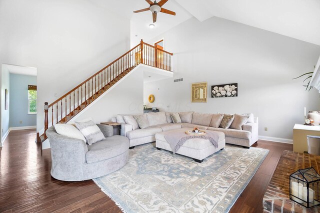 401 Warrenpoint Ln, Pataskala, OH 43062 - living room with stairs, high vaulted ceiling, a ceiling fan, and wood-type flooring