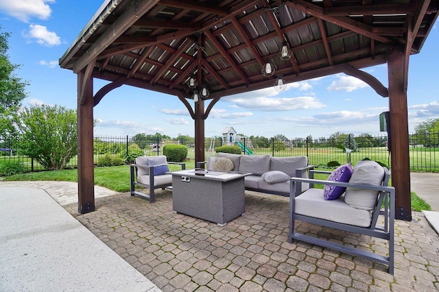 401 Warrenpoint Ln, Pataskala, OH 43062 - fenced backyard with an outdoor living space, a patio area, a gazebo, and a playground