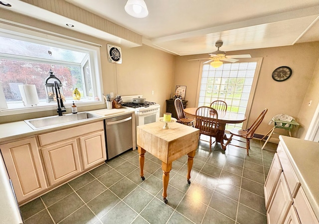 2010 S Main St, Findlay, OH 45840 - kitchen featuring dishwasher, a sink, dark tile patterned floors, ceiling fan, and light countertops