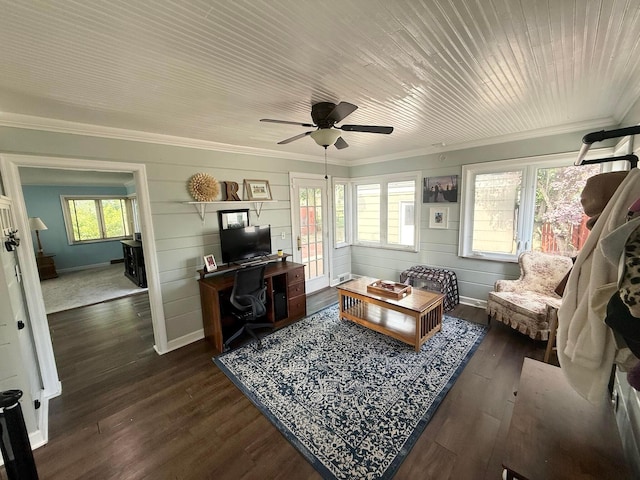 2010 S Main St, Findlay, OH 45840 - living room featuring crown molding, an office area, dark wood finished floors, ceiling fan, and baseboards