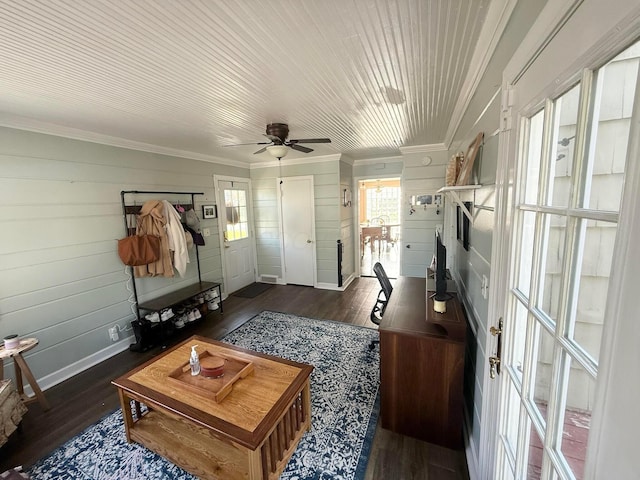 2010 S Main St, Findlay, OH 45840 - living area featuring ornamental molding, wood finished floors, ceiling fan, and baseboards