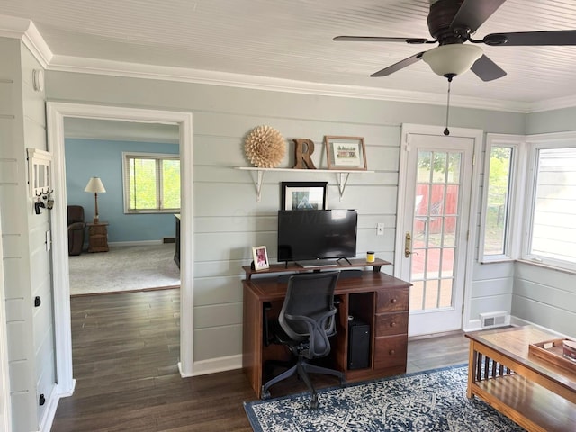 2010 S Main St, Findlay, OH 45840 - home office with dark wood-type flooring, baseboards, ornamental molding, and a ceiling fan