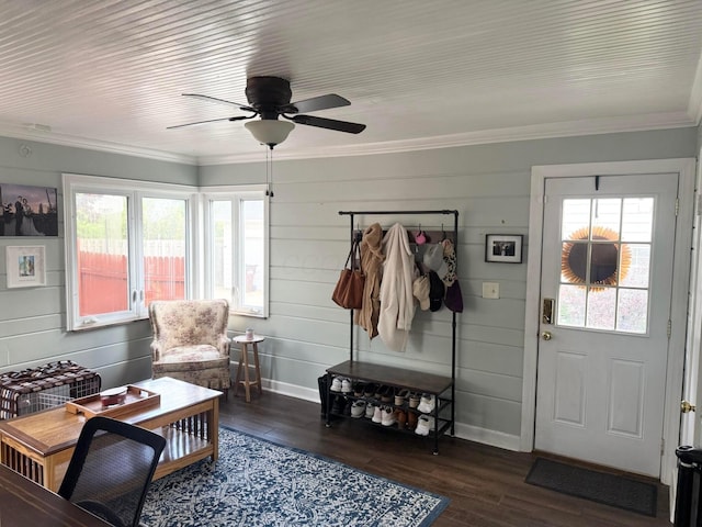 2010 S Main St, Findlay, OH 45840 - living area featuring ceiling fan, wood finished floors, crown molding, and baseboards