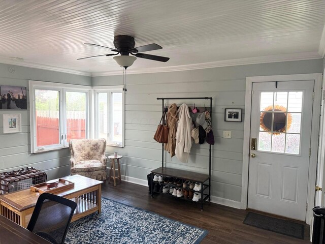2010 S Main St, Findlay, OH 45840 - living area featuring ceiling fan, wood finished floors, crown molding, and baseboards
