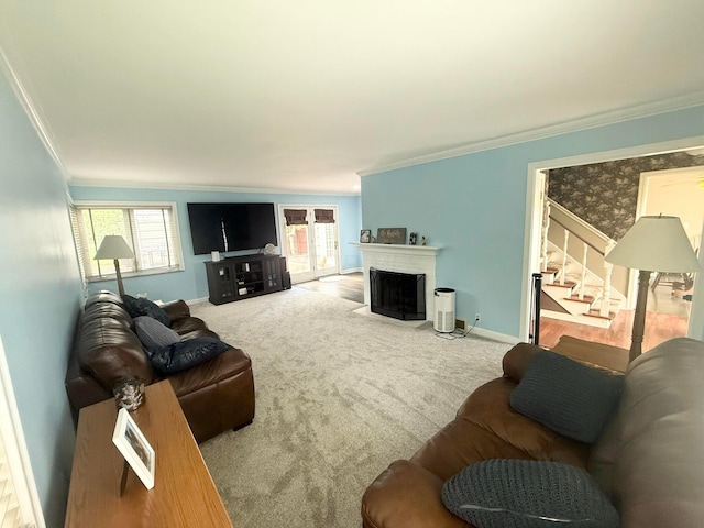 2010 S Main St, Findlay, OH 45840 - carpeted living area featuring ornamental molding, stairway, baseboards, plenty of natural light, and a fireplace with flush hearth