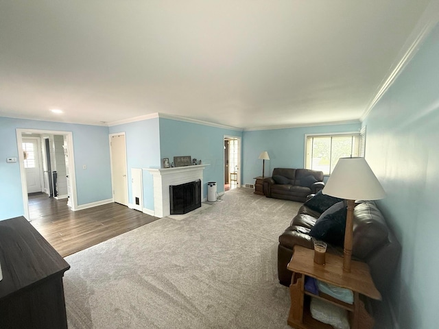 2010 S Main St, Findlay, OH 45840 - living area with plenty of natural light, ornamental molding, baseboards, a fireplace with flush hearth, and carpet