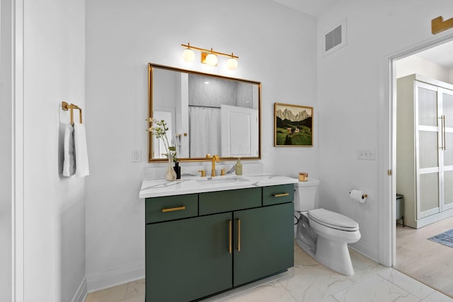 6640 Mooney St Unit 402, Dublin, OH 43017 - full bath featuring marble finish floors, vanity, toilet, baseboards, and curtained shower