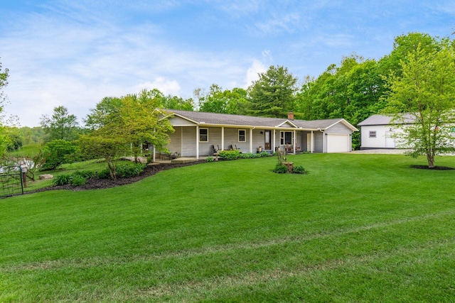 8263 Bennington Chapel Rd, Centerburg, OH 43011 - ranch-style house with a garage, a front lawn, a chimney, and covered porch