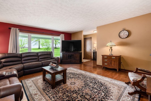 8263 Bennington Chapel Rd, Centerburg, OH 43011 - living room featuring a textured ceiling, wood finished floors, and baseboards