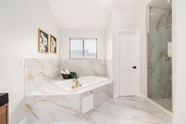 6377 Dietz Dr, Canal Winchester, OH 43110 - bathroom featuring a marble finish shower, marble tiled flooring, a garden tub, and vanity