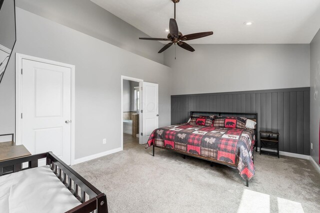 6458 Tallman Ct, Canal Winchester, OH 43110 - bedroom featuring carpet floors, baseboards, ensuite bathroom, ceiling fan, and high vaulted ceiling