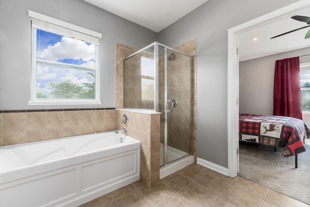 6458 Tallman Ct, Canal Winchester, OH 43110 - ensuite bathroom featuring a garden tub, a stall shower, tile patterned flooring, and ceiling fan
