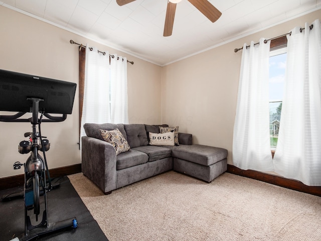 154 Montgomery Blvd, New Concord, OH 43762 - carpeted living area featuring ornamental molding and ceiling fan