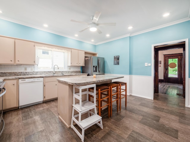 154 Montgomery Blvd, New Concord, OH 43762 - kitchen featuring dishwasher, stainless steel fridge with ice dispenser, a sink, a kitchen island, and healthy amount of natural light