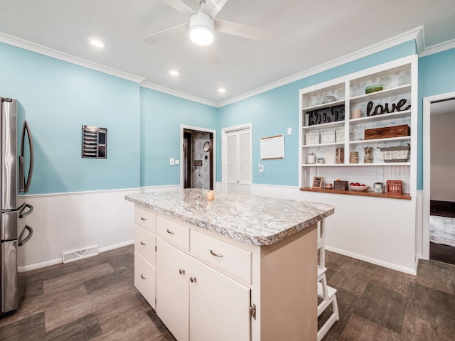 154 Montgomery Blvd, New Concord, OH 43762 - kitchen with stainless steel fridge with ice dispenser, dark wood-style floors, open shelves, ceiling fan, and ornamental molding