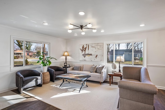 225 W Heffner St, Delaware, OH 43015 - living room featuring ornamental molding, a chandelier, wood finished floors, recessed lighting, and baseboards