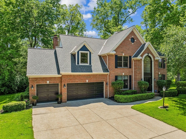 1229 Whispering Meadow Ct, New Albany, OH 43054 - view of front facade featuring a front lawn, driveway, a chimney, and brick siding